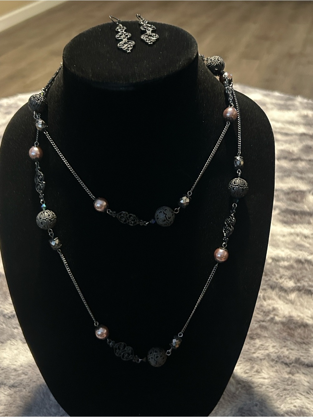 Lia Sophia Brand black Silver-Tone Layered Necklace with purple Beads